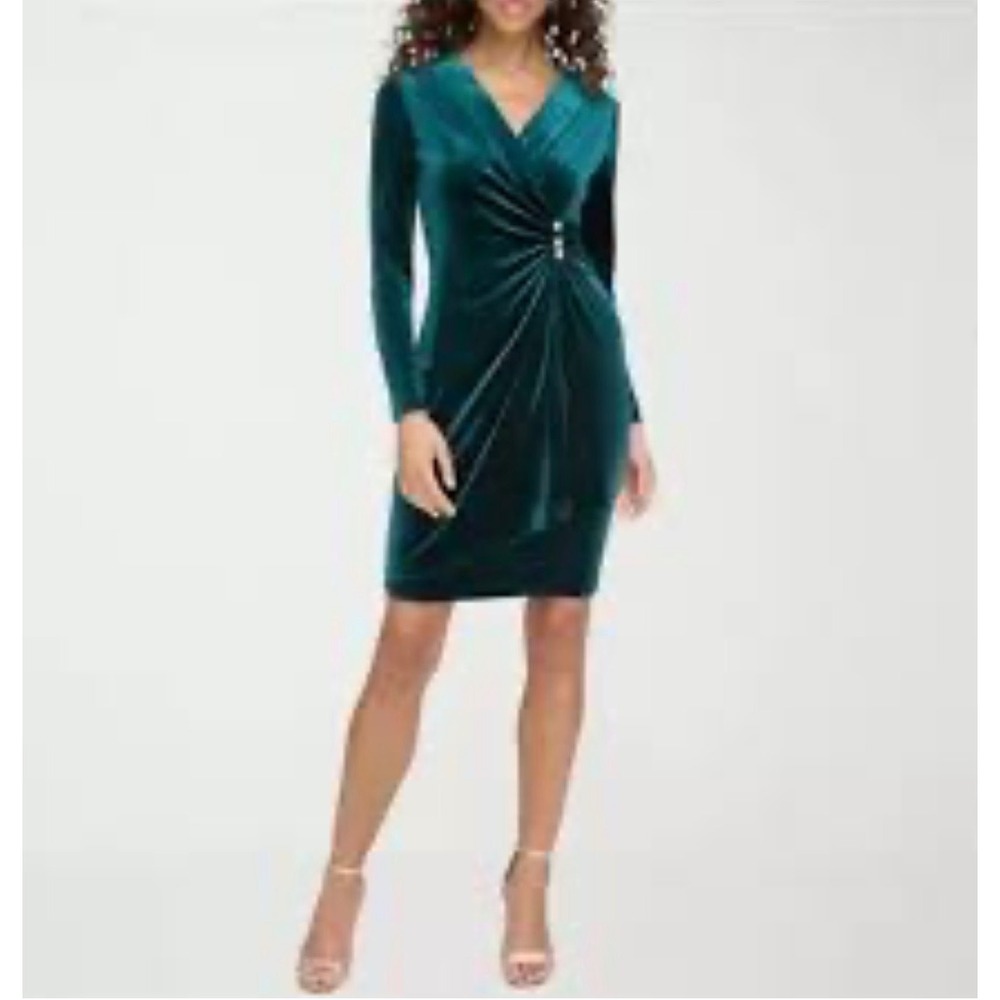 Marc New York Women Emerald Green Velvet Ruched Faux Wrap Dress Size 12 Gold